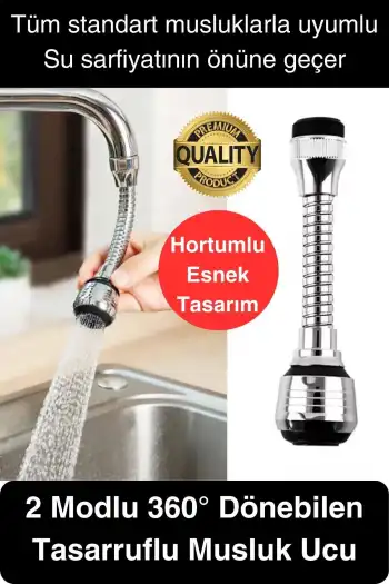 Premium 2 Modlu Hortumlu 360° Dönebilen Perlatör Başlık Mutfak Lavabo Tasarruflu Musluk Ucu Tasarım