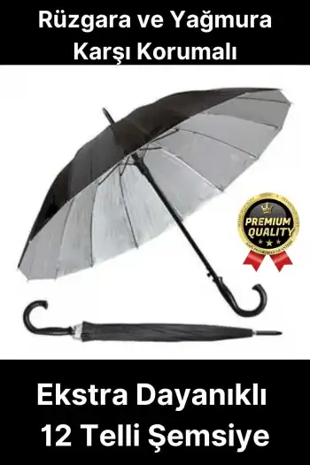Ekstra Dayanıklı Rüzgara ve Yağmura Karşı Korumalı Siyah Fiber 12 Telli Bronz Gövde Şemsiye 55cm
