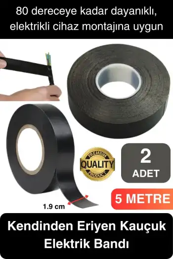 Süper Güçlü 2 Adet Siyah Kauçuk Kendinden Eriyen Bant Elektrik Sızdırmazlık Bandı 5 mt 1.9 cm