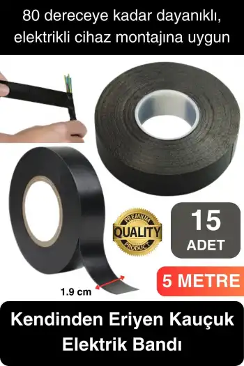 Süper Güçlü 15 Adet Siyah Kauçuk Kendinden Eriyen Bant Elektrik Sızdırmazlık Bandı 5 mt 1.9 cm