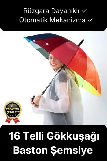 Özel Tasarım Rüzgara Dayanıklı Otomatik Model Fiber 16 Telli  Gökkuşağı Desenli Baston Şemsiye 55cm