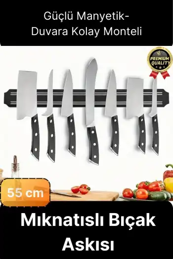 Pratik Güçlü Manyetik Duvara Monteli Yer Tasarrufu Mutfak Aleti Mıknatıslı Bıçak Standı Askısı-55 cm