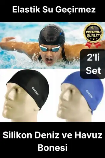 Özel Üretim Silikon Su Geçirmez Kaymaz Yüzücü Deniz ve Havuz Elastik Yüzme Şapkası Bonesi 2li Set