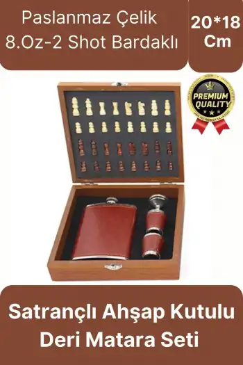 Deluxe Paslanmaz Çelik 8.Oz 2 Shot Bardaklı Satrançlı Ahşap Kutulu Alkol Deri Matara Seti 20*18 Cm