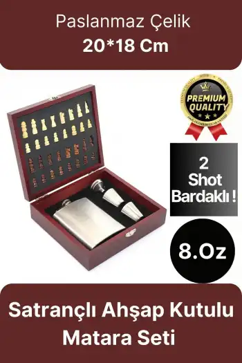 Deluxe Paslanmaz Çelik 8.Oz 2 Shot Bardaklı Satrançlı Ahşap Kutulu Alkol Matara Seti 20*18 Cm