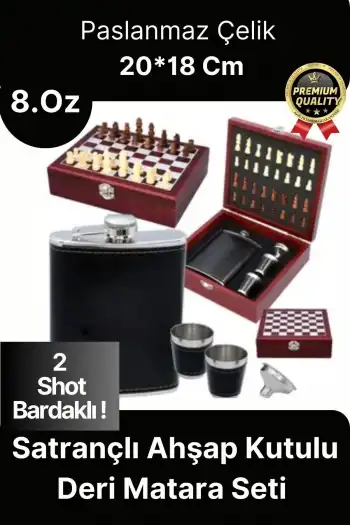 Deluxe Paslanmaz Çelik 8.Oz 2 Shot Bardaklı Satrançlı Ahşap Kutulu Alkol Deri Matara Seti 20*18 Cm