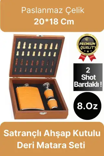 Deluxe Paslanmaz Çelik 8.Oz 2 Shot Bardaklı Satrançlı Ahşap Kutulu Alkol Deri Matara Seti 20*18 Cm