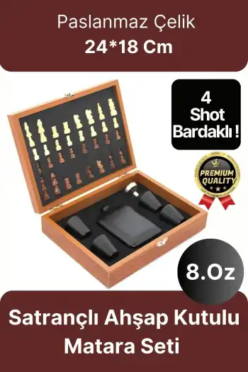 Deluxe Paslanmaz Çelik 8.Oz 4 Shot Bardaklı Satrançlı Ahşap Kutulu Alkol Matara Seti 24*18 Cm