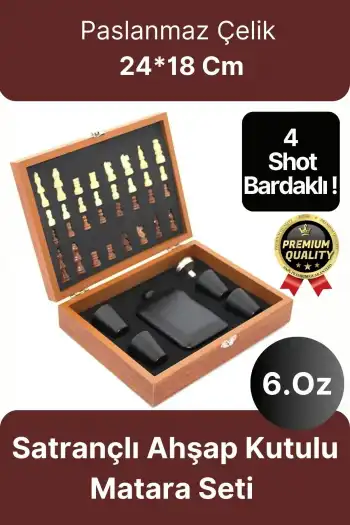 Deluxe Paslanmaz Çelik 6.Oz 4 Shot Bardaklı Satrançlı Ahşap Kutulu Alkol Matara Seti 24*18 Cm