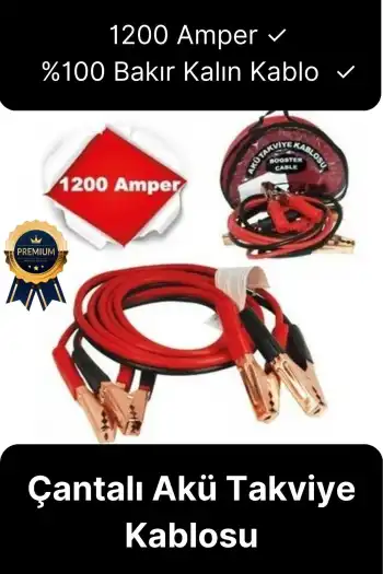 Çantalı %100 Bakır Kalın Kablo ve Hızlı Şarj Güçlü 1200 Amper Oto Araç Akü Şarj Takviye Kablosu 2m