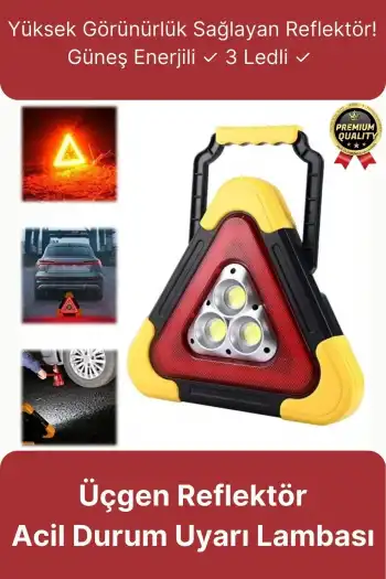 Premium Güneş Enerjili Güçlü Işık 3 Ledli Solar Üçgen Refluj Reflektör Acil Durum Uyarı Lambası