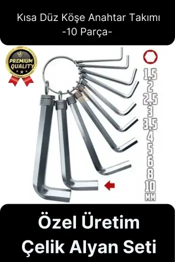 Özel Üretim Tamir Usta Altı Köşeli Bozuk Vida Kısa Düz Köşe Anahtar Takımı Çelik Alyan Seti 10 Parça