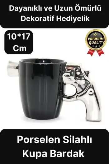Özel Tasarım Dekoratif Hediyelik Porselen Siyah Silah Görünümlü Gümüş Tutacaklı Kupa Bardak 10*17 Cm