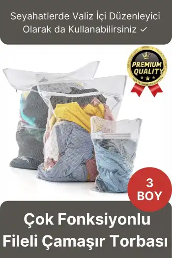 Çok Fonksiyonlu Dayanıklı Yıkama Renkli Fermuarlı Kirli Temiz Sepeti Fileli Çamaşır Torbası 3 Adet
