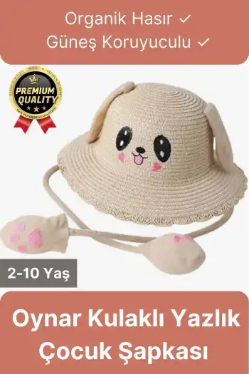 Özel Tasarım Organik Hasır Güneş Koruyuculu 2-10 Yaş Hareket Eden Oynar Kulaklı Yazlık Çocuk Şapka