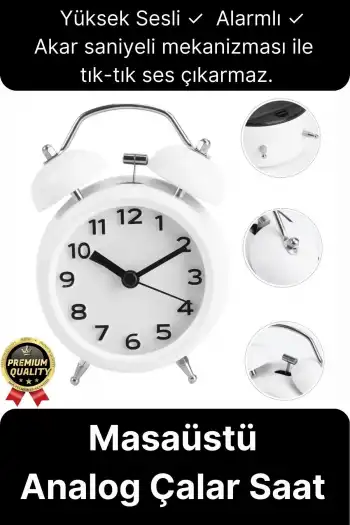 Premium Kalite Dekoratif Pilli Yüksek Sesli Alarmlı Çift Çan Formlu Masaüstü Mini Analog Çalar Saat