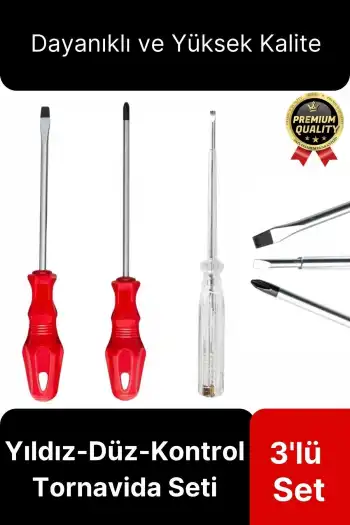 Premium Dayanıklı Ergonomik Vidalama Tamir Tadilat Yıldız Düz Kontrol Kalemi 3lü Tornavida Seti