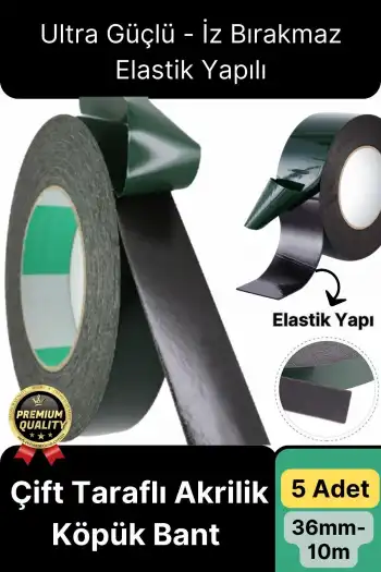 Premium Ultra Güçlü İz Bırakmaz Elastik Yapılı Çift Taraflı Akrilik Köpük Bant 36mm - 10m - 5 Adet
