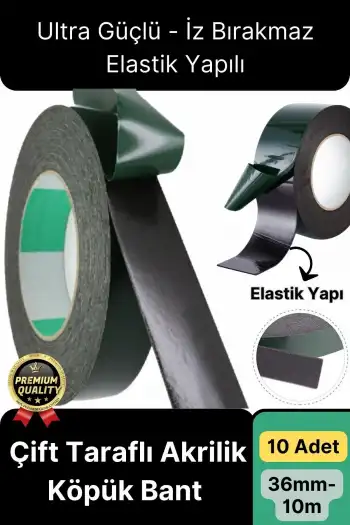Premium Ultra Güçlü İz Bırakmaz Elastik Yapılı Çift Taraflı Akrilik Köpük Bant 36mm - 10m - 10 Adet