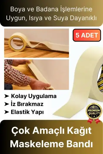 Çok Amaçlı Isıya Suya Dayanıklı Kolay Sökülebilen 25mt Krep Kağıt Maskeleme Boya Badana Bandı-5 Adet