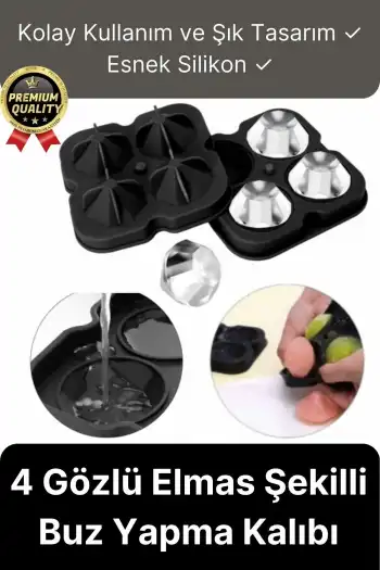 Kolay Kullanım Şık Silikon 4 Gözlü Esnek Buzluk Bar Kokteyl İçecek Elmas Şekilli Buz Yapma Kalıbı