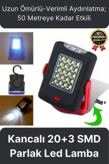 Premium Kancalı Asılabilir Mıknatıslı Pilli Beyaz Işık 50 Metre Mesafeli 20+3 SMD Parlak Led Lamba