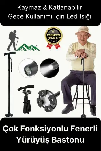 Çok Fonksiyonlu Kaymaz Ayaklı Katlanabilir Dağçı Ve Yaşlılar İçin Led Işıklı Fenerli Yürüyüş Bastonu