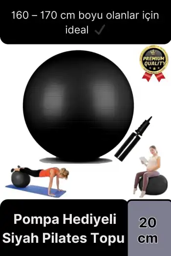 Premium Mini Gymball 20cm Jimnastik Denge Fitness Spor Şişirme Pompası Hediyeli Siyah Pilates Topu