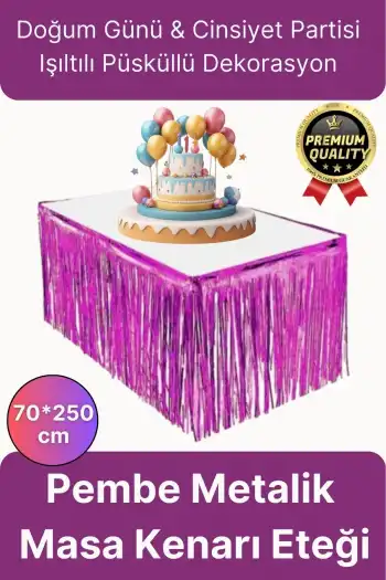 Premium Dekorasyon Püsküllü Işıltılı Doğum Günü Cinsiyet Partisi Pembe Masa Kenarı Eteği 70*250cm
