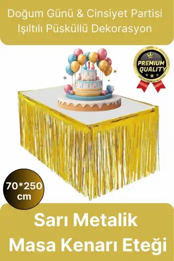 Premium Dekorasyon Püsküllü Işıltılı Doğum Günü Cinsiyet Partisi Sarı Masa Kenarı Eteği 70*250cm