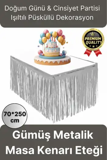Premium Dekorasyon Püsküllü Işıltılı Doğum Günü Cinsiyet Partisi Gümüş Masa Kenarı Eteği 70*250cm