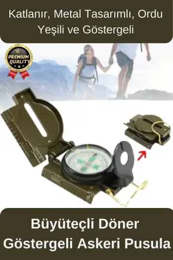 Premium Metal Taşınabilir Katlanır Tel Kılavuzlu Büyüteçli Göstergeli Ordu Yeşili Kamp Askeri Pusula