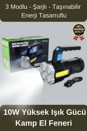 Çok Amaçlı Taşınabilir Enerji Tasarruflu 10w Yüksek Işık Gücünde 3 Modlu Ledli Şarjlı El Kamp Feneri