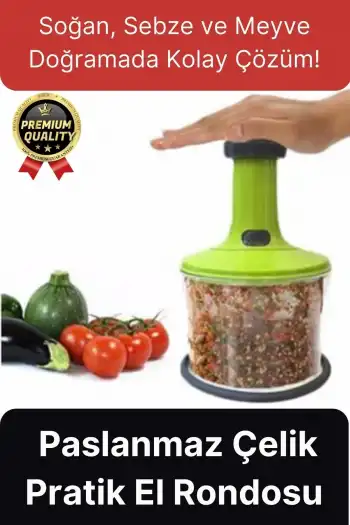 Premium Pratik Paslanmaz Çelik Sebze Meyve Soğan Doğrama Bıçaklı Üstten Basmalı El Rondosu Blender