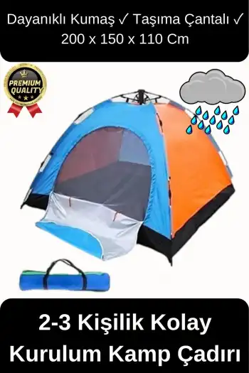 Ultra Dayanıklı Kolay Kurulum Taşıma Çantalı Su Geçirmez Sineklikli Tüllü 2-3 Kişilik Kamp Çadırı