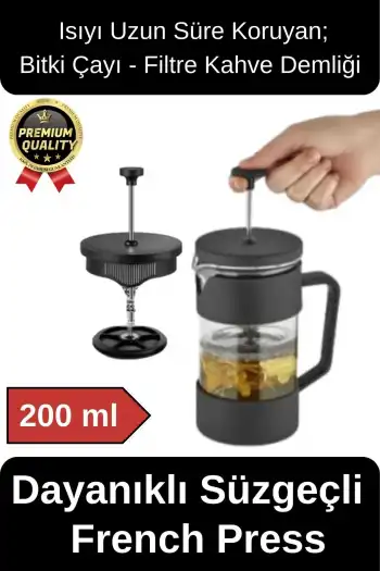 Premium Kalite Dayanıklı Isıyı Koruyan Filtre Kahve Bitki Çayı Demleme Siyah French Press 200 ml