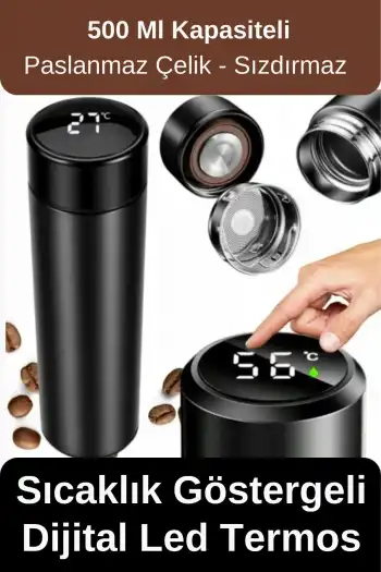 Premium Alite Gıda Sınıfı 201 Paslanmaz Çelik Sıcaklık Göstergeli Sızdırmaz Dijital Led Siyah Termos