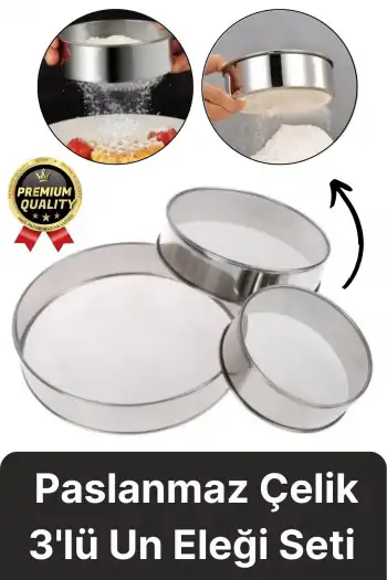 Premium Sağlam Paslanmaz Çelik Ultra İnce Örgü Filtre Mutfak Süzgeç 3lü Un Şeker Pirinç Eleği Seti