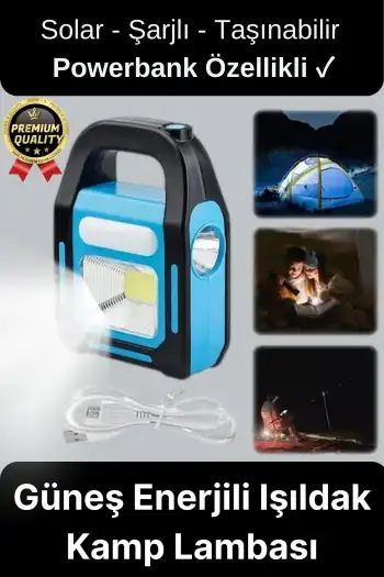 Çok Amaçlı Güneş Enerjili Powerbank USB Şarj Edilebilir Su Geçirmez Solar Işıldak Fener Kamp Lambası