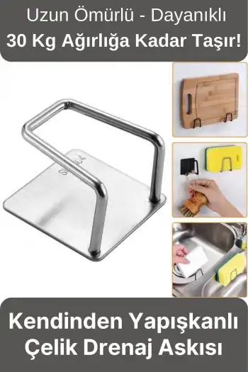 Paslanmaz Çelik Suya Dayanıklı Evye Düzenleyici Yapışkanlı Bulaşık Süngeri Tutucu Drenaj Askısı