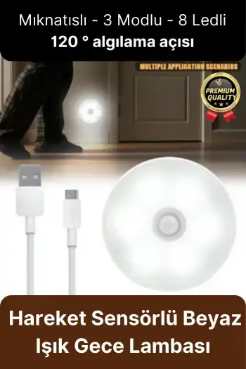 Premium Hareket Sensörlü Usb Şarj Edilebilir Mıknatıslı 3 Mod 8 Ledli Beyaz Işık Gece Lambası 1 Adet