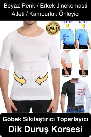 Beyaz Renk Erkek Bel Göğüs Dik Duruş Korsesi Atlet Jinekomasti Göbek Sıkılaştırıcı Toparlayıcı