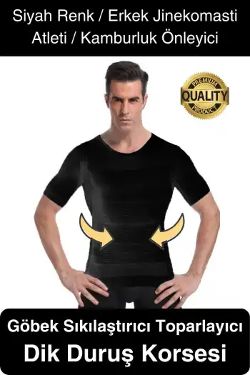 Siyah Renk Erkek Bel Göğüs Dik Duruş Korsesi Atlet Jinekomasti Göbek Sıkılaştırıcı Toparlayıcı
