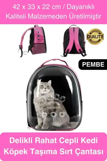 Premium Şeffaf Delikli Evcil Hayvan Kedi Köpek Taşıma Sırt Çantası Cepli Rahat Sağlam 42x33x22 cm