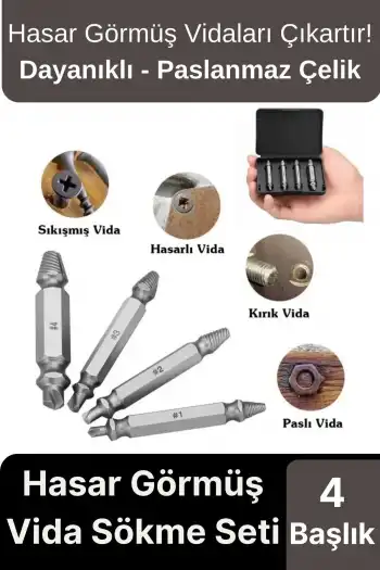 Premium Çok Amaçlı Paslanmaz Çelik Matkap Kırık Hasarlı Bozuk Vida Çıkarıcı Sökme Seti 4 Başlıklı
