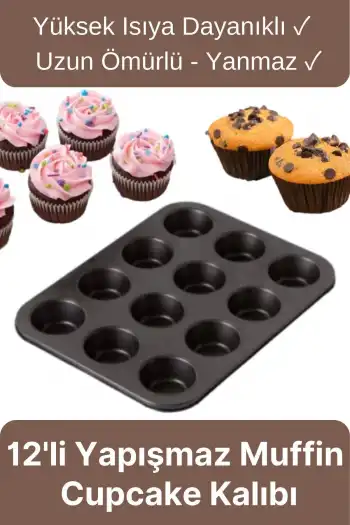 Çok Amaçlı Mutfak Yüksek Isıya Dayanıklı Yıkanabilir Yanmaz Yapışmaz 12li Kek Muffin Cupcake Kalıbı
