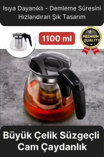 Özel Üretim Isıya Dayanıklı Bitki Çayı Şeffaf Büyük Çelik Süzgeçli Cam Çaydanlık Demlik 1.1 Litre