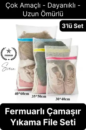 3 Adet Farklı Boy Çamaşır Yıkama Filesi Torba Seti Renkli Fermuarlı Kirli Temiz Sütyen İç Çamaşırı