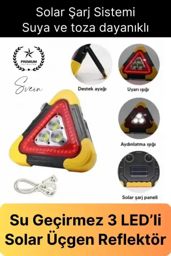 Led Işıklı Üçgen Reflektör Projektör Acil Durum Feneri Flaşör Trafik Şarjlı Solar İkaz Lambası