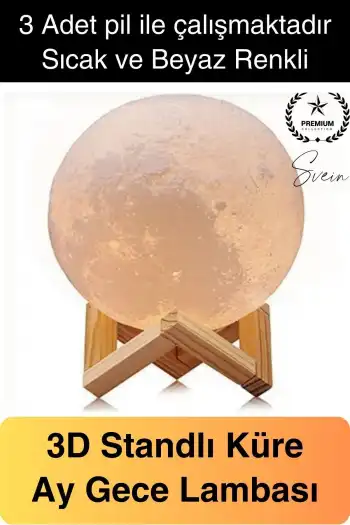 Dolunay 3D Ay Işıklı Standlı Pilli Dekoratif Gece Lambası Hediyelik Küre Led 15 Cm Loş Dekor
